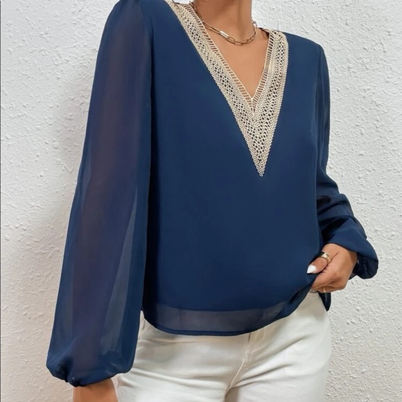 Classic navy blue  lace V neck blouse - Picture 12 of 15